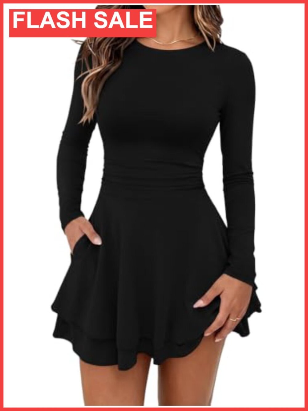 Sexy Crew Neck Long Sleeve Flowy Hem Mini Dress for Women Club Night Out